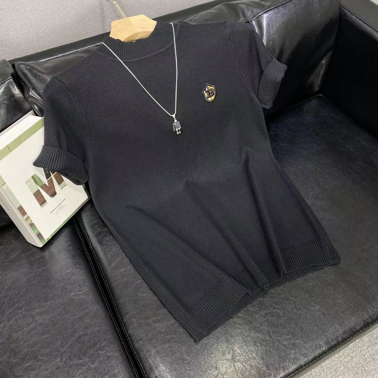 半高领短袖毛衣男秋冬新加厚针织打底衫男士刺绣圆领半袖针织T恤