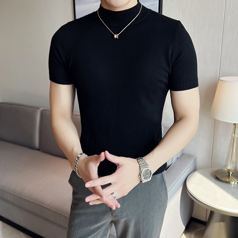 男士毛衣半高领修身秋冬季短袖t恤男款高级感紧身中领针织打底衫