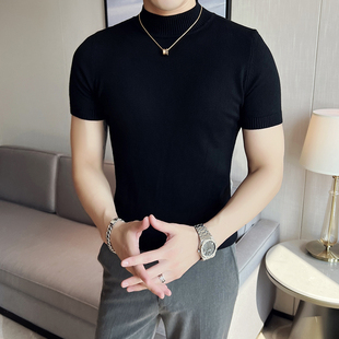 男士毛衣半高领修身秋冬季短袖t恤男款高级感紧身中领针织打底衫