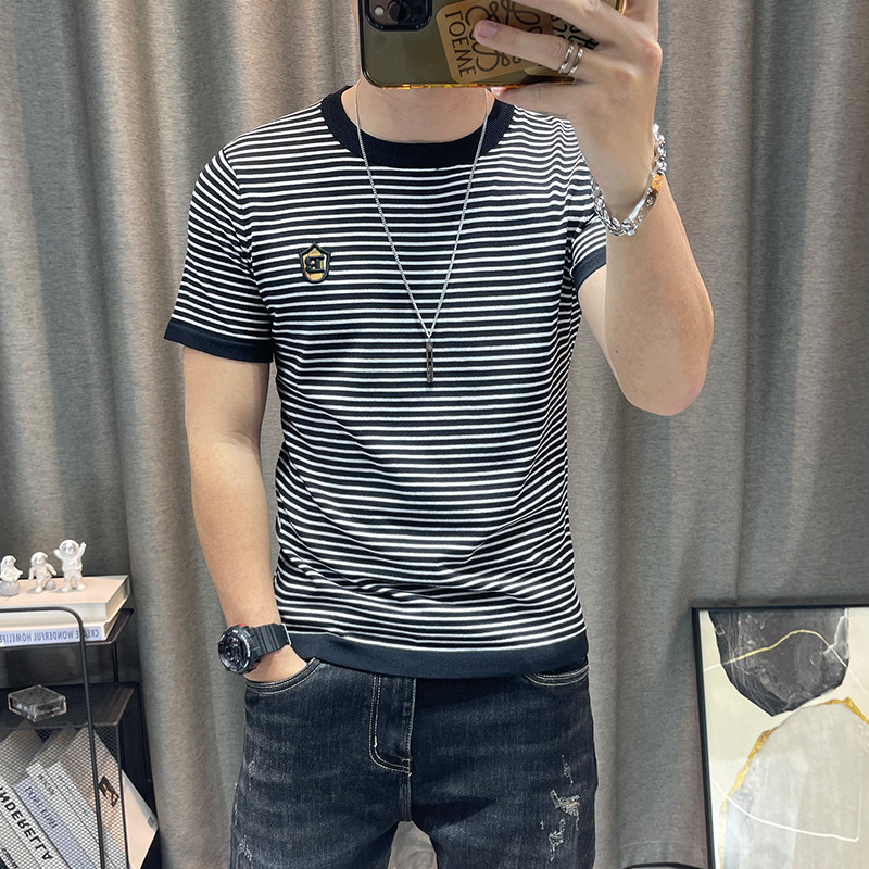 条纹短袖毛衣男圆领弹力紧身上衣修身半袖毛线衣青年衣服打底线衣