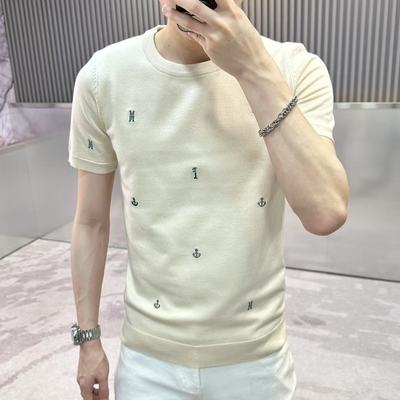 时尚刺绣针织薄款短袖t恤男2025夏季薄款套头圆领半袖打底衫潮牌