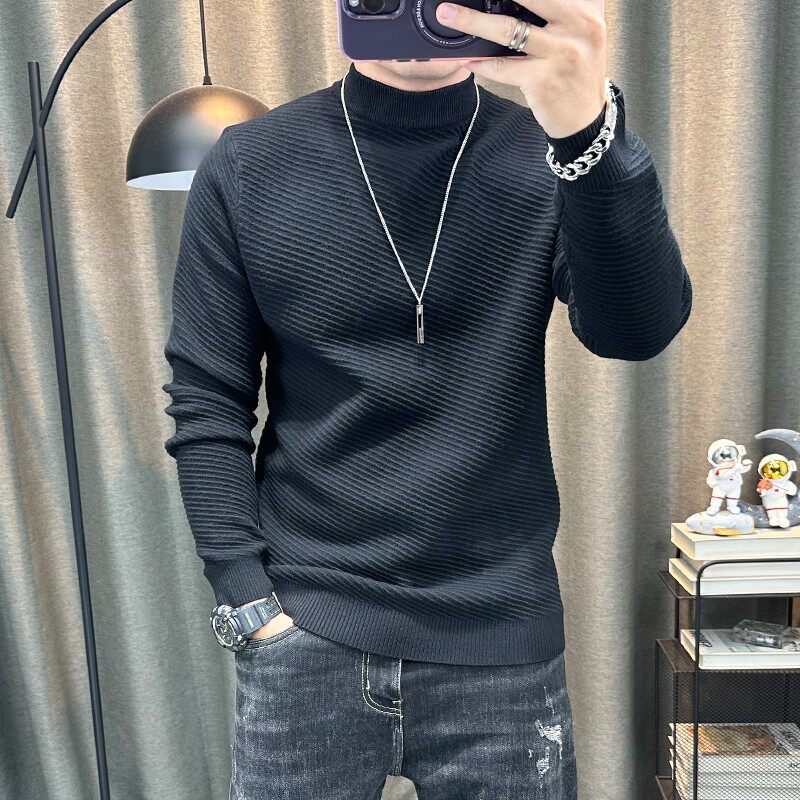 半高领领打底衫男秋冬内搭长袖毛衣紧身纯色针织衫上衣中领毛线衣