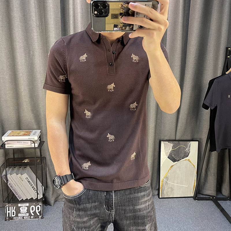 针织短袖男半袖polo针织衫韩版卡通刺绣翻领上衣修身有领t恤衫春