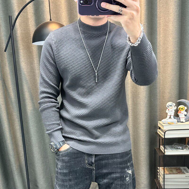 立领打底衫男秋冬内搭长袖毛衣弹力紧身纯色针织衫上衣中领毛线衣