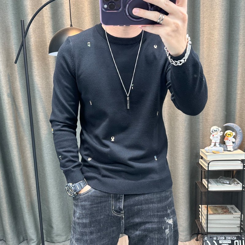 长袖针织衫男2023秋冬新款卡通刺绣圆领内搭打底衫毛线衣修身上衣