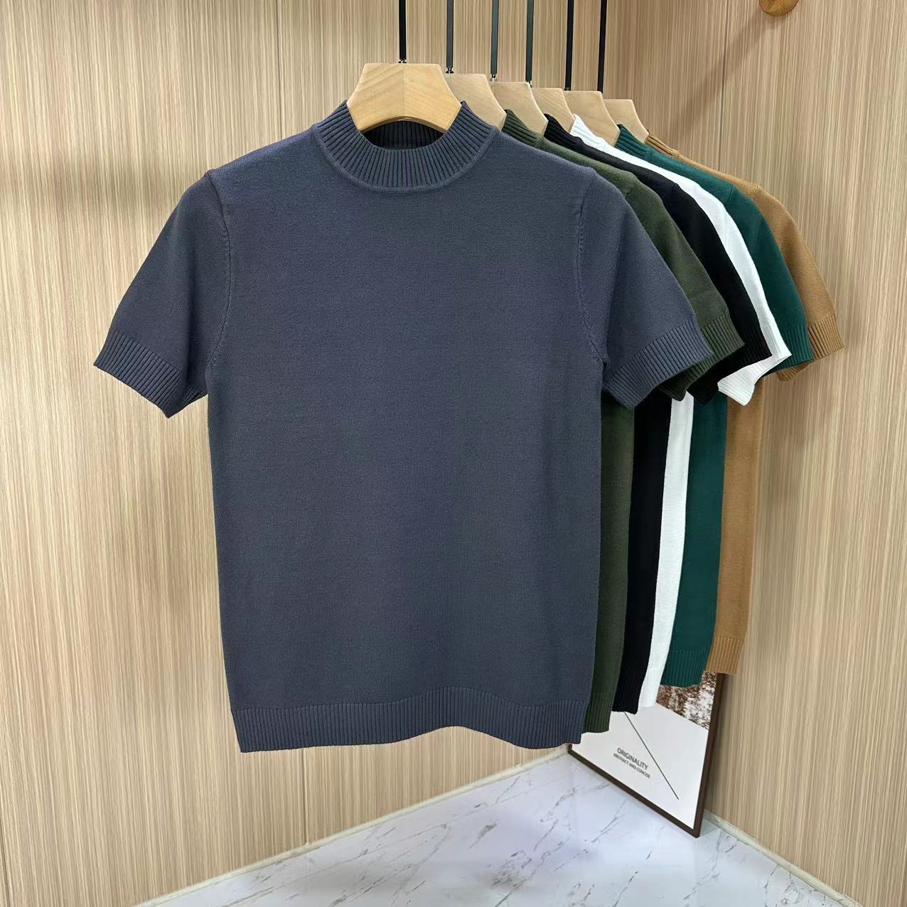 2023新款半高领毛衣男纯色修身百搭显瘦青年针织半袖毛线衣冬季潮