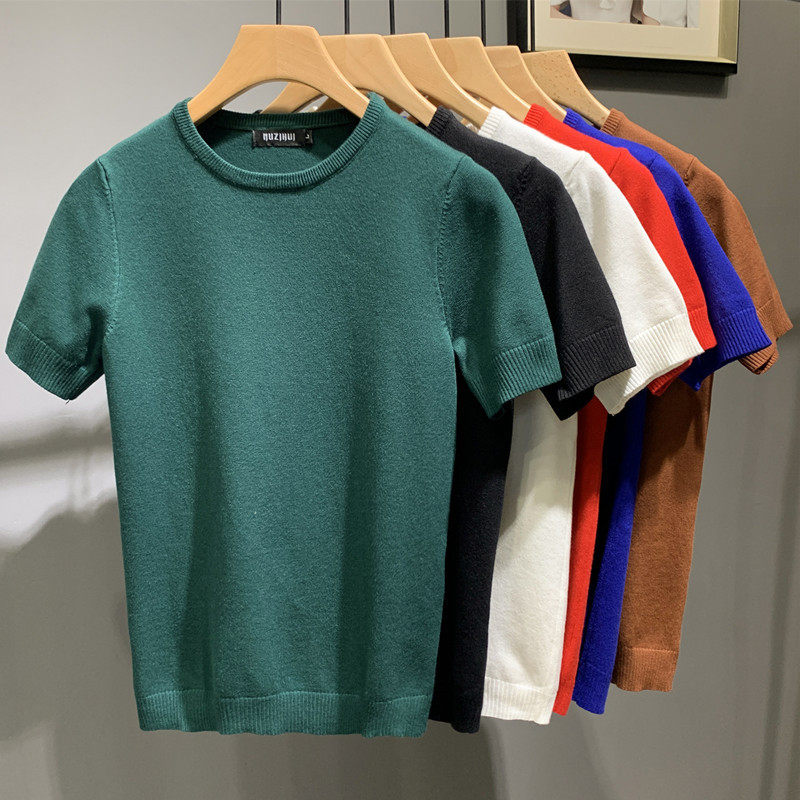 春款打底上衣韩版修身男士圆领针织短袖青年休闲短袖T恤打底衫潮