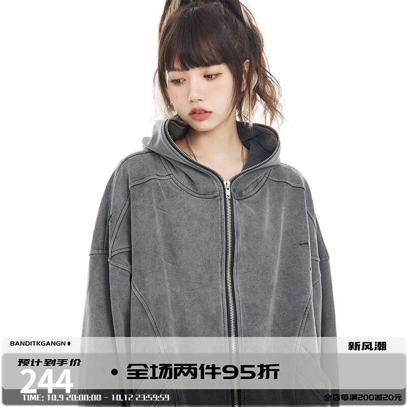 BANDITKGANGN做旧水洗灰春秋潮INS连帽卫衣