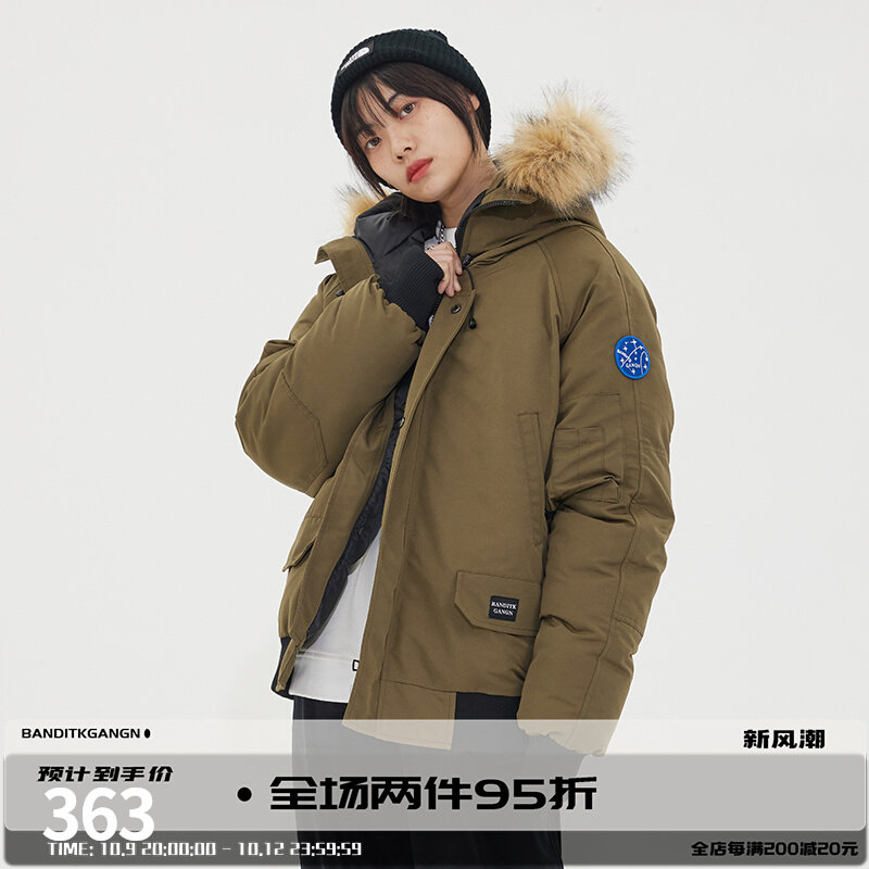 美式复古冬季加厚毛领连帽棉袄衣服女