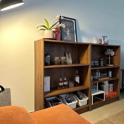 复古胡桃色书架活动层板架落地收纳柜餐边柜多层格子柜复刻毕利