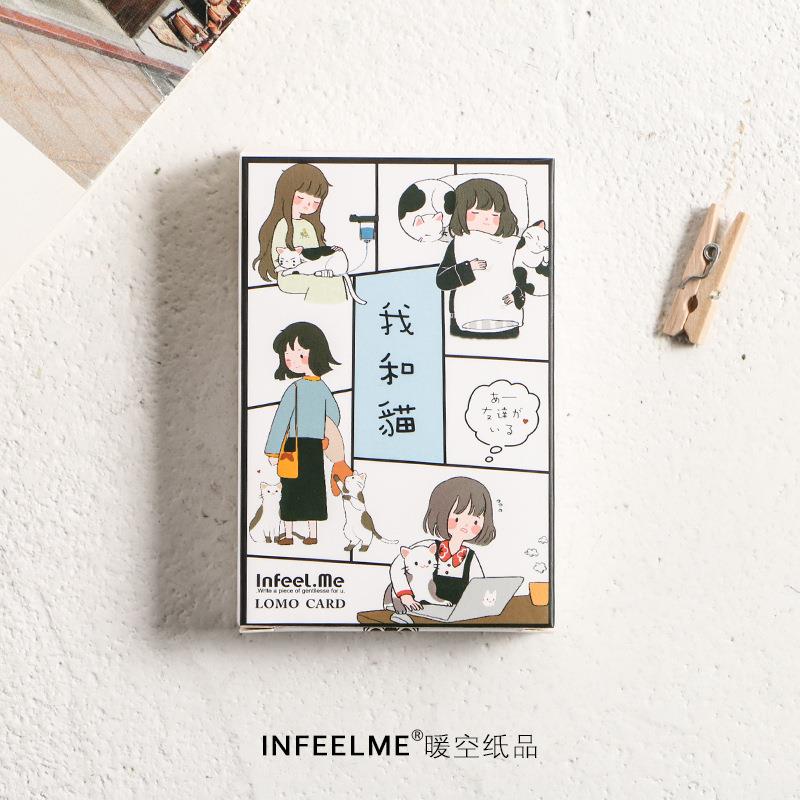 盒装lomo留言小卡我和猫手绘卡通文艺小清新猫咪喵星人学生词卡