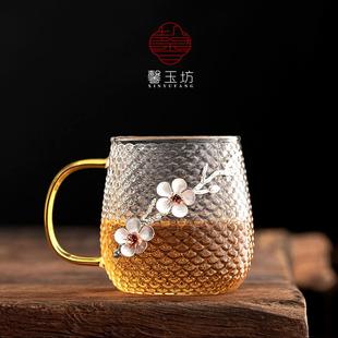 锤纹玻璃绿茶杯简约清新家用带把水杯子创意 馨玉坊加厚耐高温日式