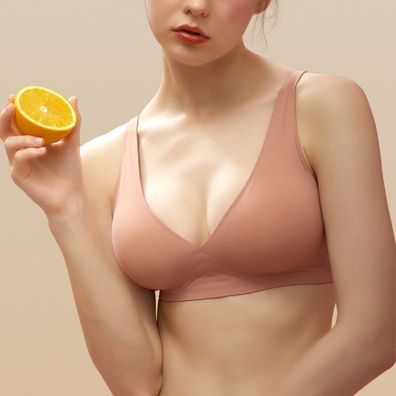 深V领无钢圈聚拢文胸不空杯无痕内衣肉色薄罩杯凉感冰丝美背抹胸