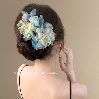 海蝶之梦~烫花牡丹花朵发夹春夏超仙国风丸子头马尾夹侧边盘发器