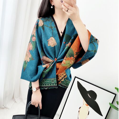 【海棠花开】香云纱盘扣披肩桑蚕丝真丝围巾高档送礼丝巾旗袍披肩