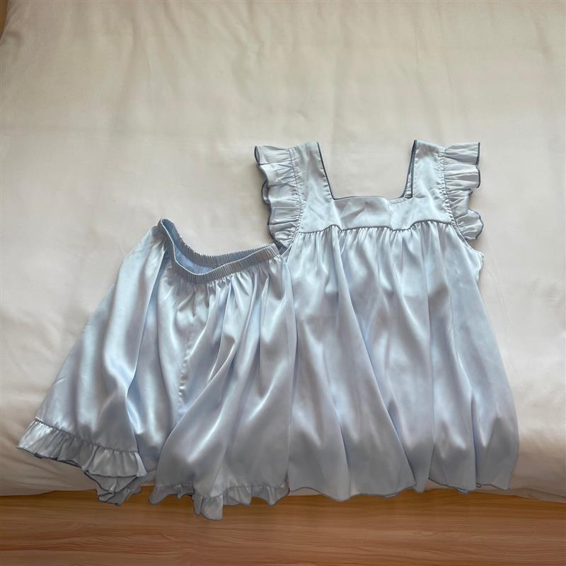 无袖睡衣女款夏季冰丝凉感带胸垫可外穿蓝色大码网红风家居服套装