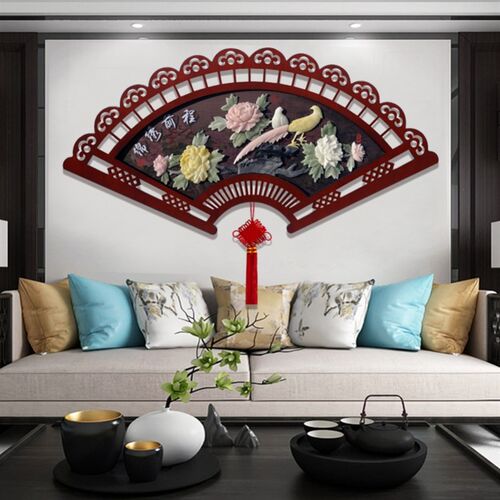 客厅装饰画中国风沙发背景墙3d立体浮雕画新中式扇形餐厅墙面挂画