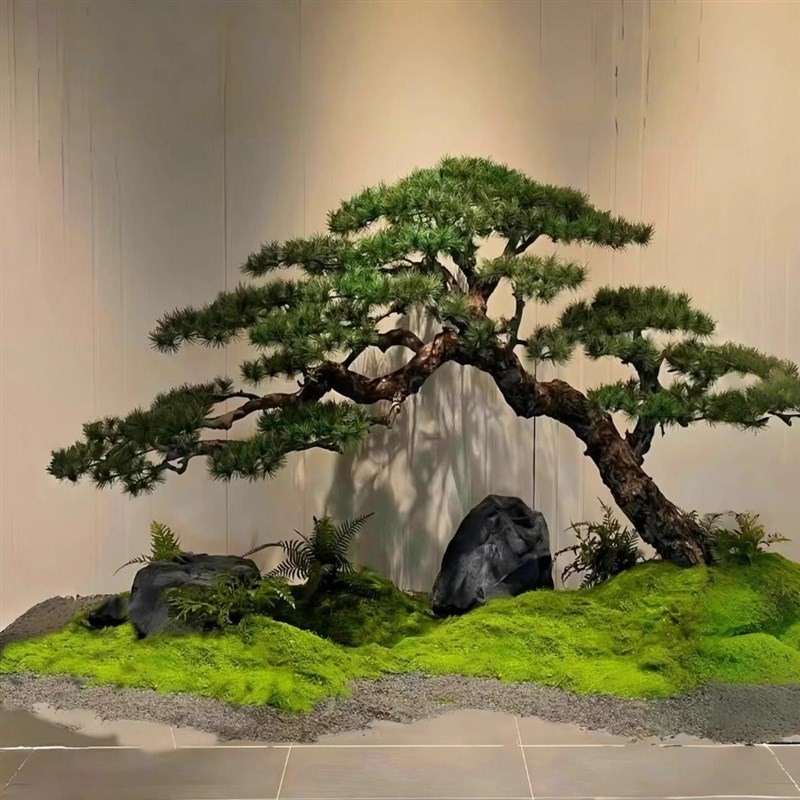 高端仿真黑松景观树摆件仿真松树中式高端绿植装饰前台招财迎客松