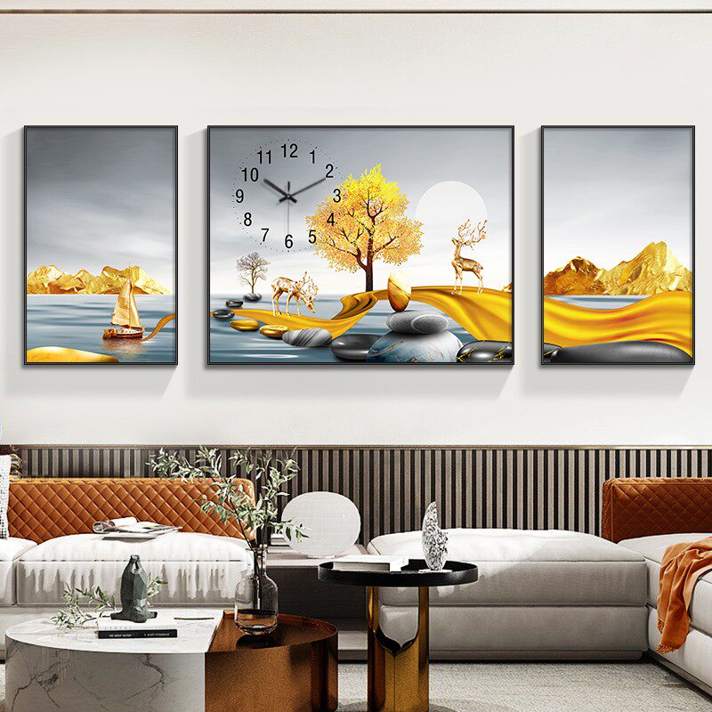 现代简约客厅装饰画带时钟山水招财沙发背景墙挂画时尚钟表三联画