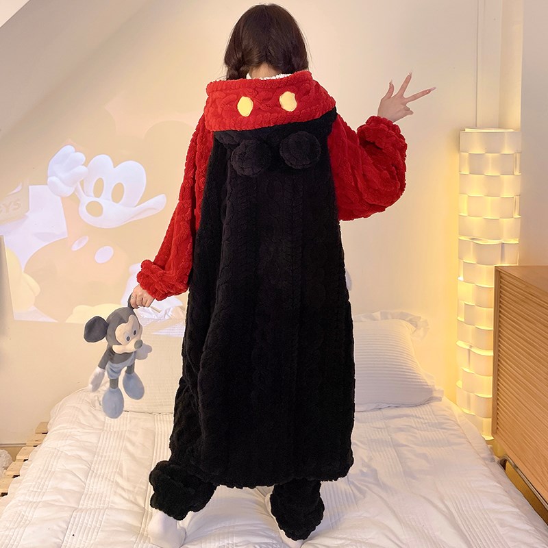 珊瑚绒睡袍女秋冬季2024新款连帽保暖加厚加绒睡衣冬天家居服套装
