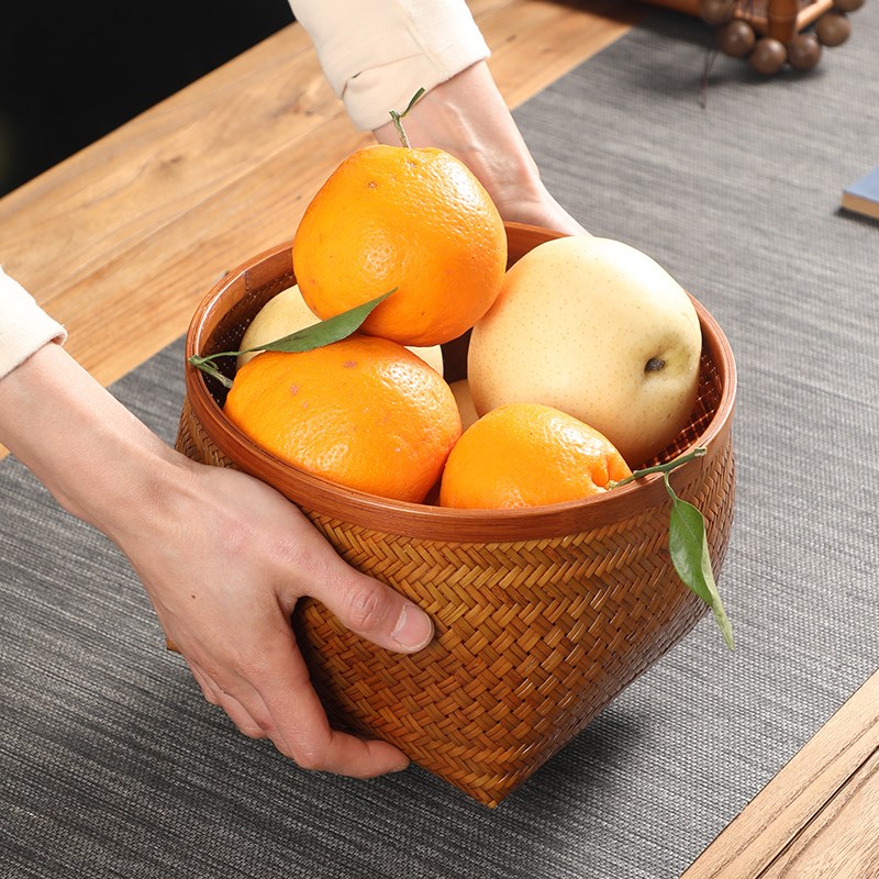 手工竹编大漆收纳筐家用圆形水果篮编织杂物筐复古天然竹筐竹篮子
