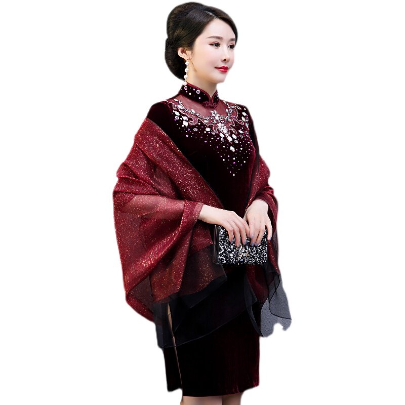 春夏桑蚕丝妈妈婚礼婚宴礼服旗袍披肩外披薄款真丝披肩长巾围巾