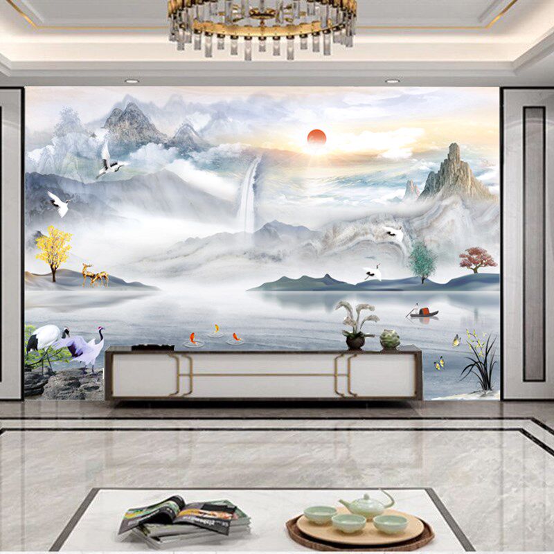 2024新中式客厅电视背景墙壁画壁纸8D壁布大气网红山水画墙纸墙布