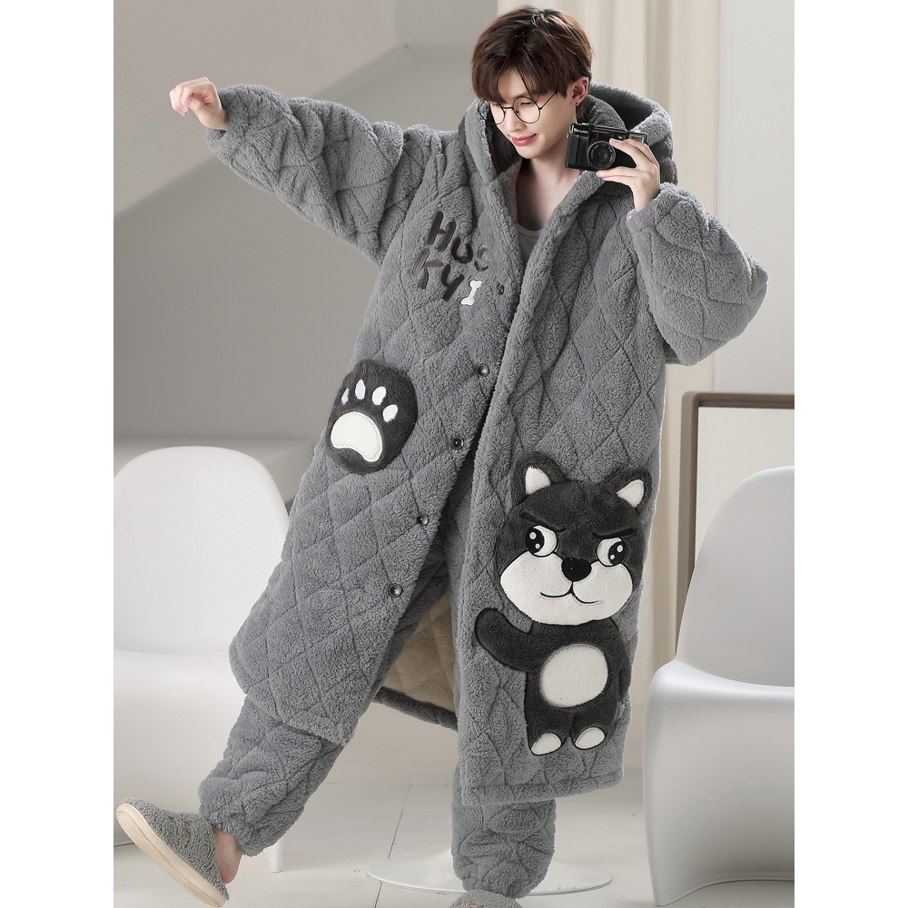 芬腾男士睡衣秋冬季珊瑚绒三层夹棉加厚加绒睡袍青少年家居服套装