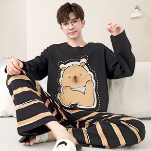 芬腾男士睡衣长袖纯棉春秋季薄款青少年卡通暴力熊家居服套装全棉