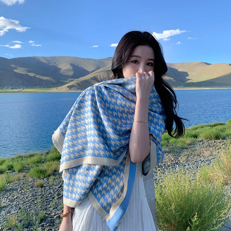 上海故事旅行外搭复古千鸟格围巾女秋冬季韩版时尚百搭披肩保暖男