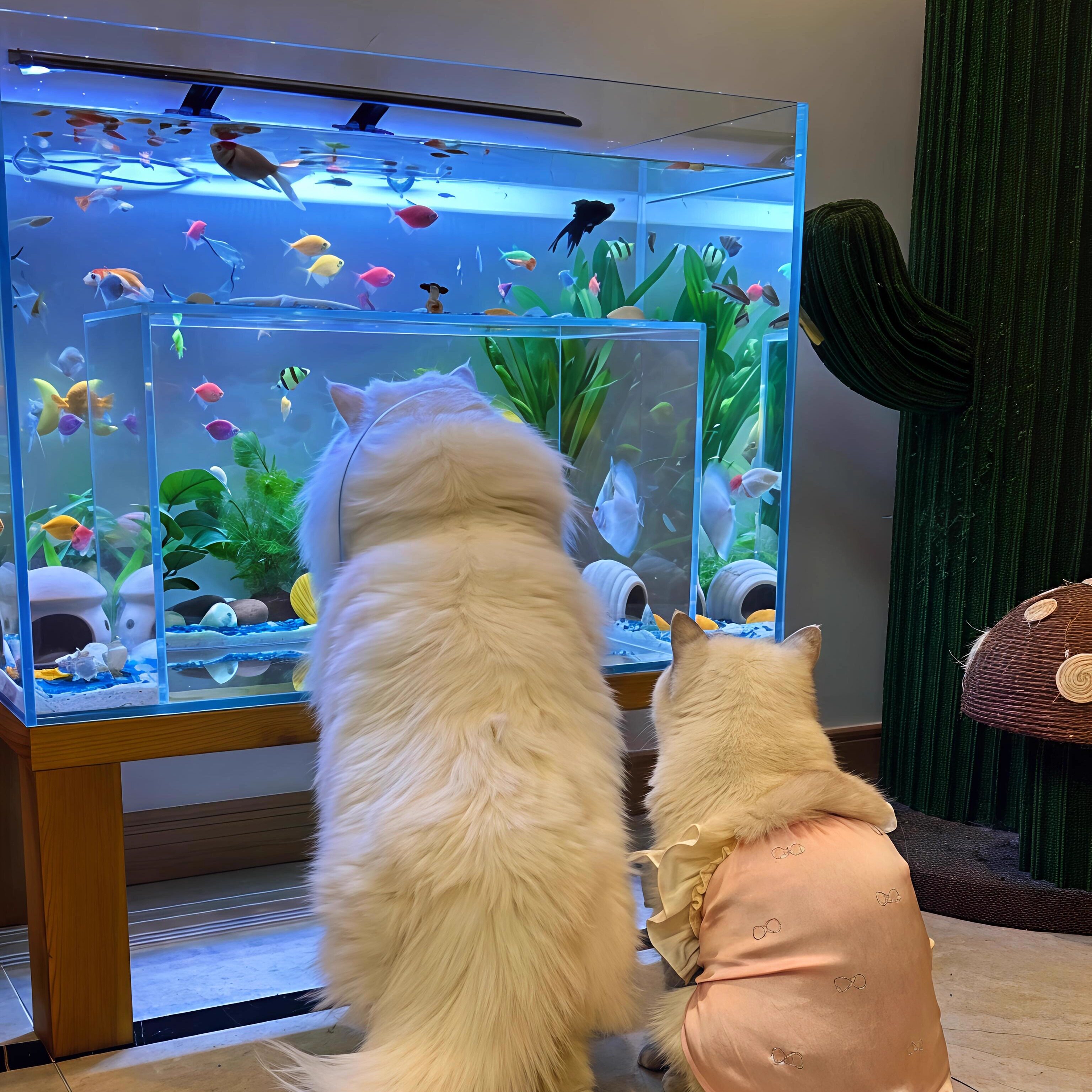 猫窝缸金晶五线超白玻璃生态造景鱼缸可钻隧道观景猫咪鱼缸猫房子