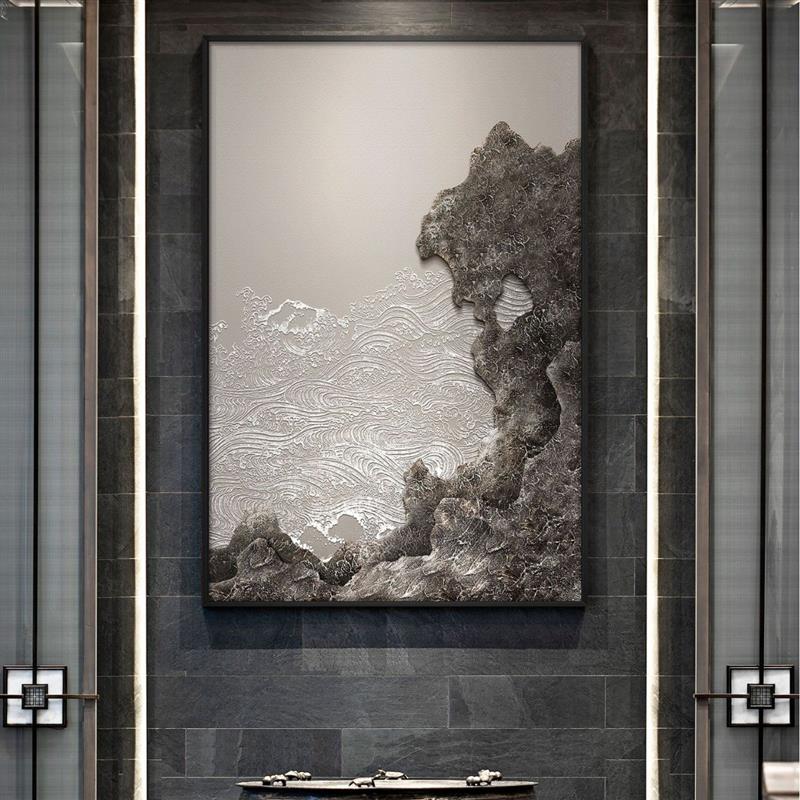 太湖石客厅装饰画平面喷绘新中式样板间酒店入户走廊大堂大气壁画图片