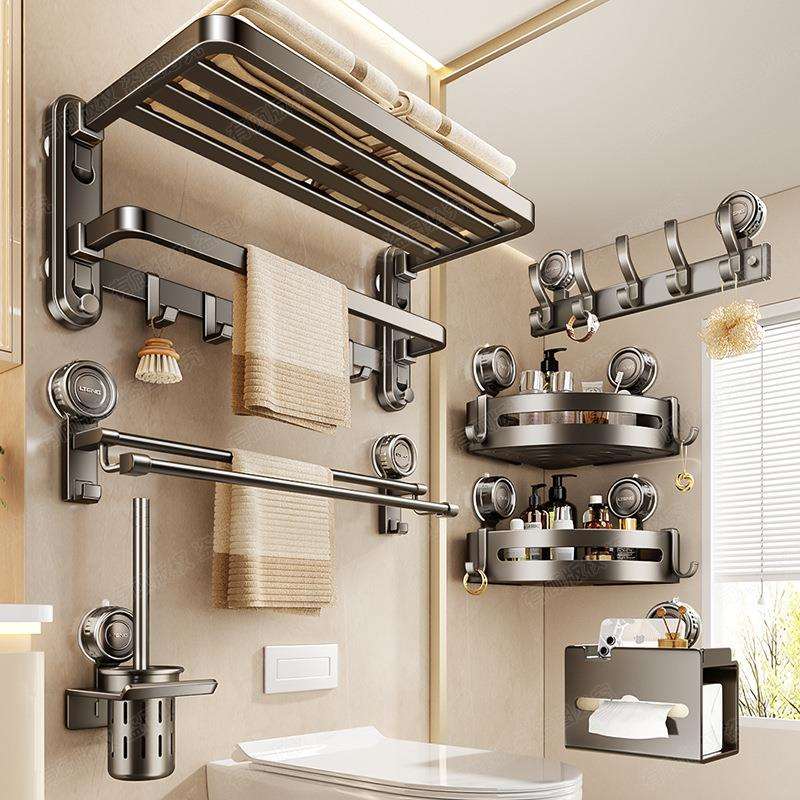 盘毛巾架卫间吸免打孔浴巾架浴室置物架厕F99T7678所洗漱生体间一