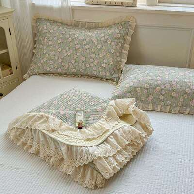 法式边a花类双面棉双层床盖枕套纱三件套水MYL20250洗全棉花夹棉