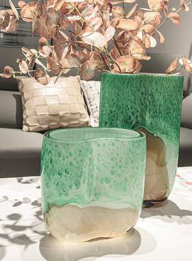 晶淳 三彩釉 绿色海洋风清新现代风餐桌玄关插花软装摆件玻璃花瓶