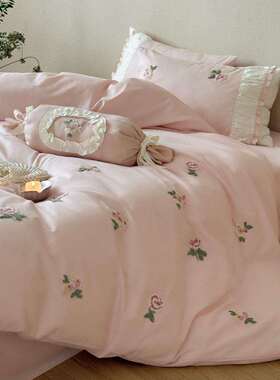 甜美风磨全棉毛四件冬套花卉巾毛绣加59454厚被套褶皱小花边枕套