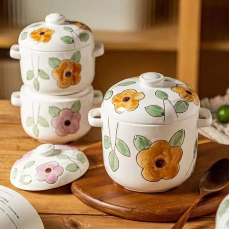 800ml大号手绘陶瓷双耳隔水双盖炖盅家用酒店餐厅高颜值汤碗