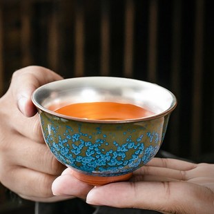 家用整套盖碗茶壶窑变功夫泡茶杯主人杯 浮蓝翠玉鎏银陶瓷茶具套装