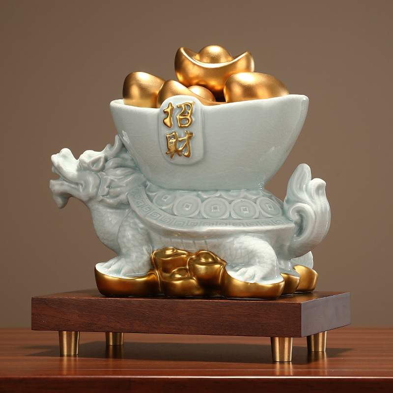 陶瓷聚宝盆龙龟摆件家居电视柜办公室博古架装饰玄关客厅现代简约