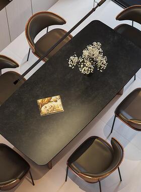 法式古胡桃木实木岩约板餐桌客复厅家用轻色奢现代简意UOB式黑色