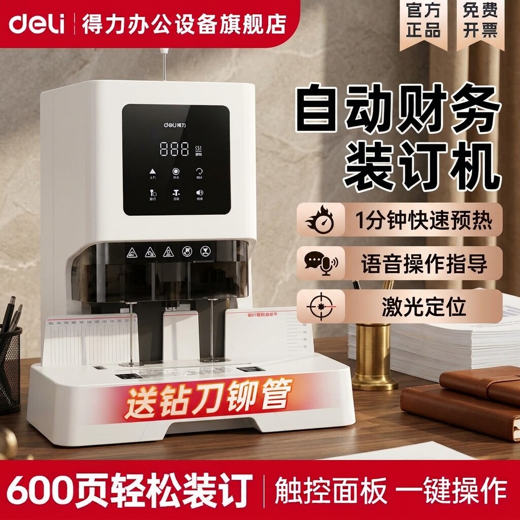 得力财务凭证装订机GB710自动会计办公电动装订打孔机全自动热熔打孔器胶管铆管商用标书档案文件旗舰店