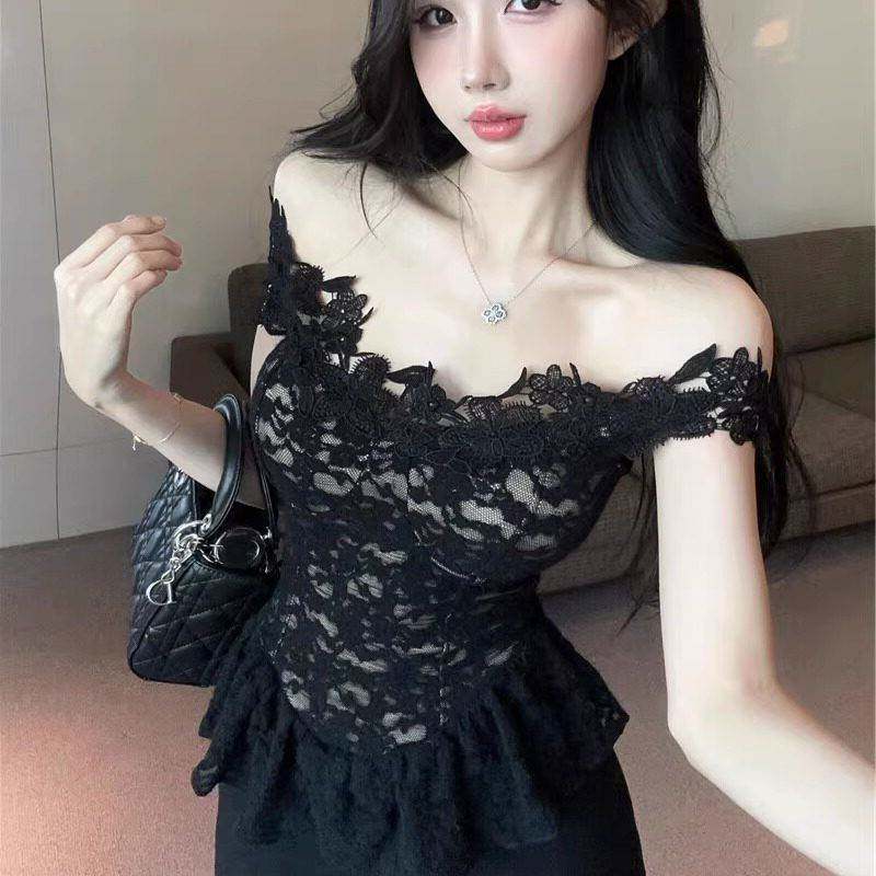 纯欲辣妹黑色蕾丝拼接抹胸背心两穿设计感一字肩露背显瘦百搭上衣