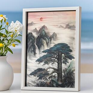 迎客松中国风山水书画图书房玄关相框摆台老式水墨风卧室房间装饰