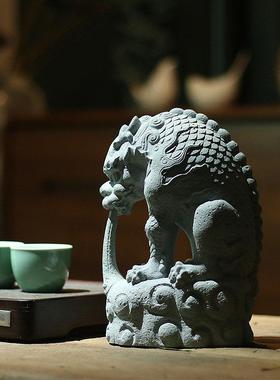 水族鱼缸造景青砂石镇水兽茶桌摆件吸水兽茶宠中式创意瑞兽装饰品