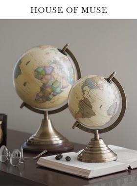 缪斯家 真！黄！铜！印度芒果木地球仪覆古摆件书房客厅家居饰品