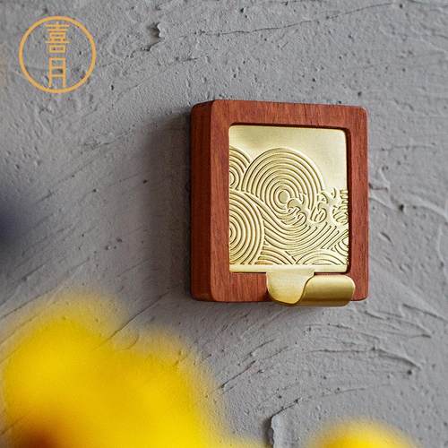 黄铜挂衣钩免打孔衣帽钩全纯铜单个浴室创意装饰新中式实木挂钩