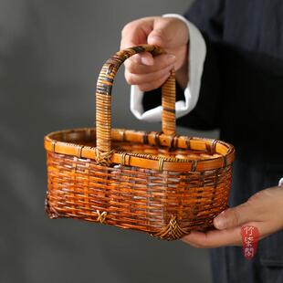 大漆紫竹纯手工编织提篮中式竹编果篮手提点心篮子茶具收纳筐竹篮