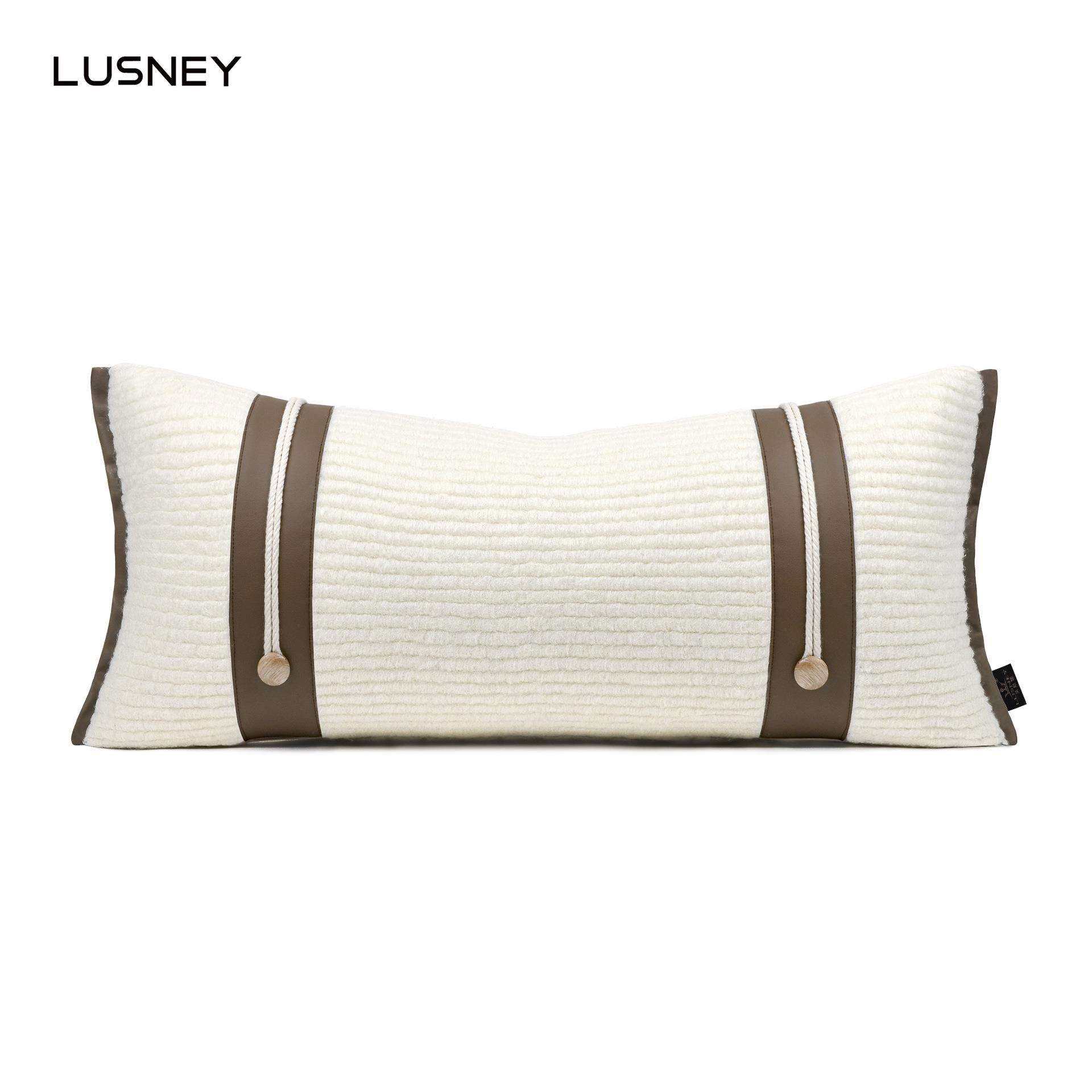 高档现代样板间抱枕沙发客厅米色条纹羊毛皮革长枕腰枕床头靠垫套