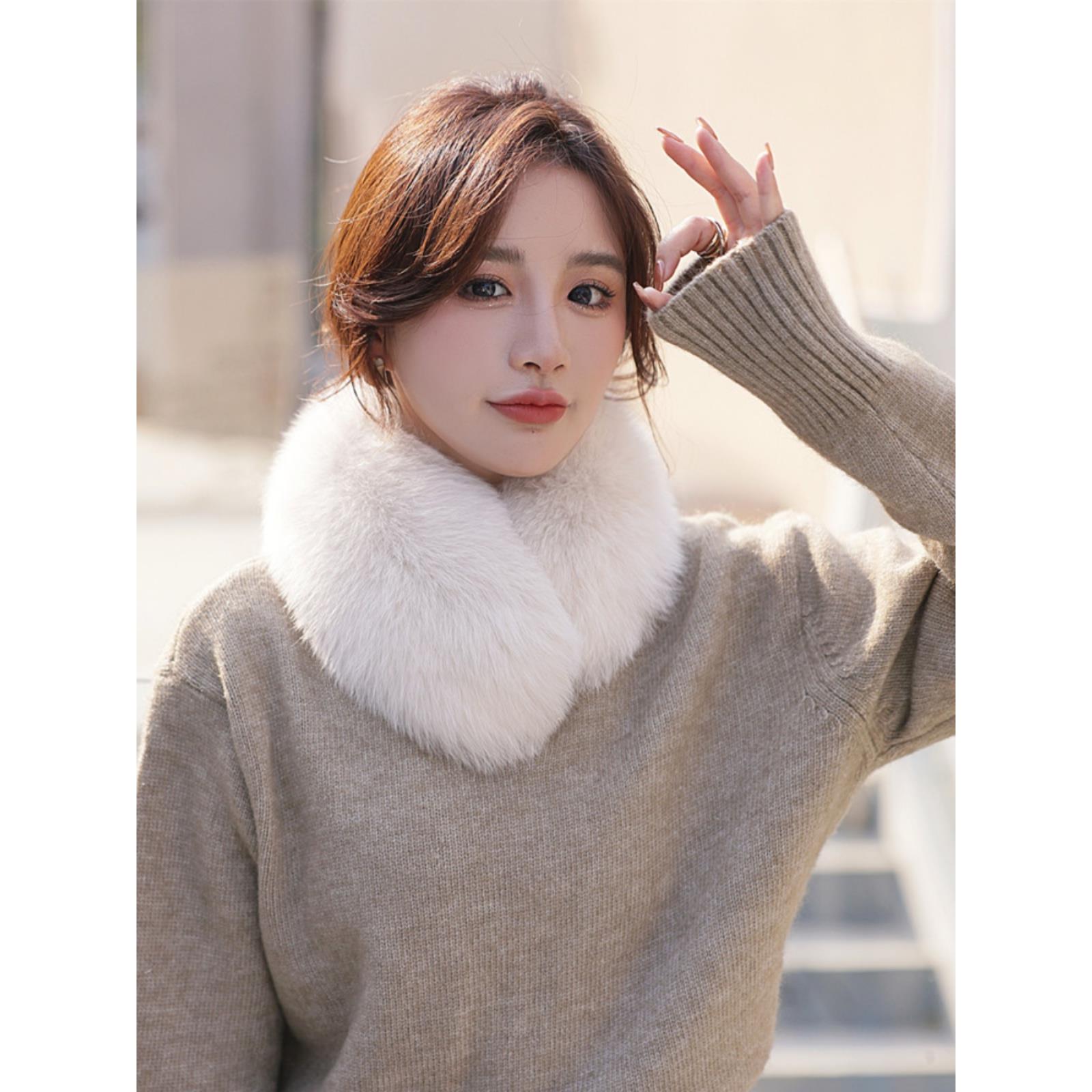 新款纯色狐狸毛围巾皮草保暖围巾 女秋冬季毛领磁铁围脖韩版青年