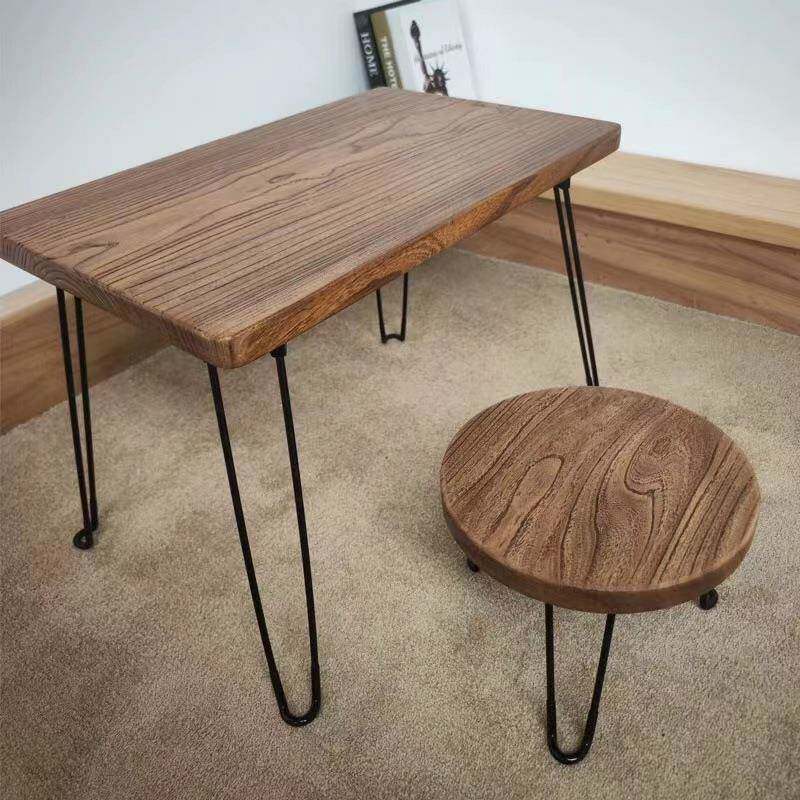 老榆木门板桌吧台桌子家用小型简约书桌铁腿旧木板茶桌